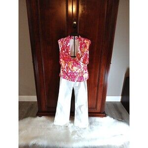 J. McLaughlin Women's Size L Faux Wrap Blouse Vibrant Summer Colors Pink/Yellow